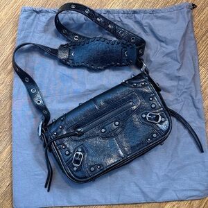 Black Cracked Genuine Leather Crossbody Bag With Stud hardware